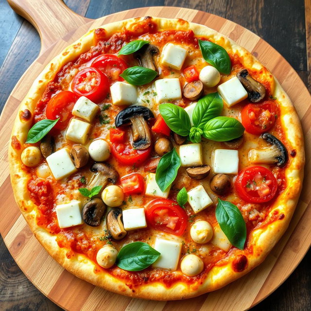 A vibrant vegetarian pizza featuring a generous topping of juicy tomatoes, tender mushrooms, paneer cubes, and crunchy capsicum, all seamlessly blended under a thick layer of gooey mozzarella cheese that contributes to a deliciously creamy texture