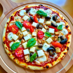 A vibrant vegetarian pizza featuring a generous topping of juicy tomatoes, tender mushrooms, paneer cubes, and crunchy capsicum, all seamlessly blended under a thick layer of gooey mozzarella cheese that contributes to a deliciously creamy texture