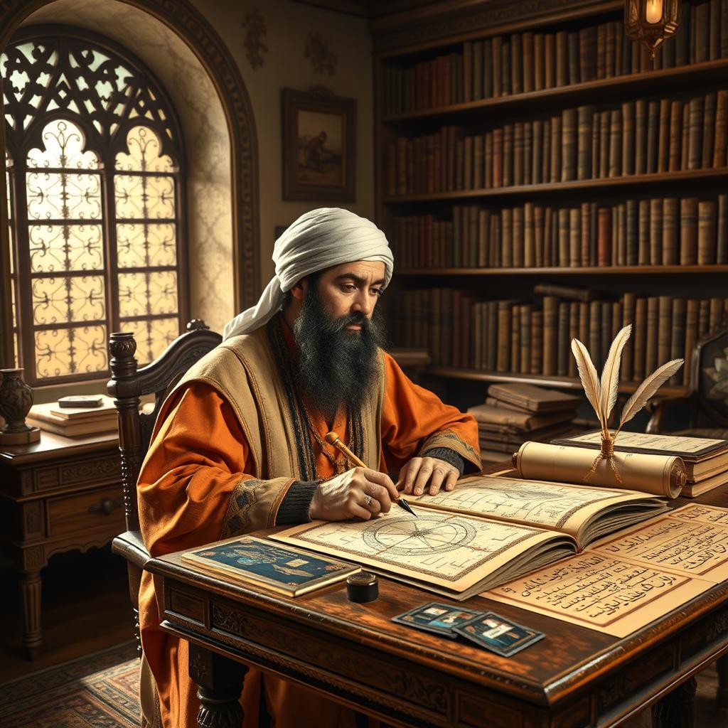 A historical scene depicting the mathematician Al-Khwarizmi writing his influential book on algebra