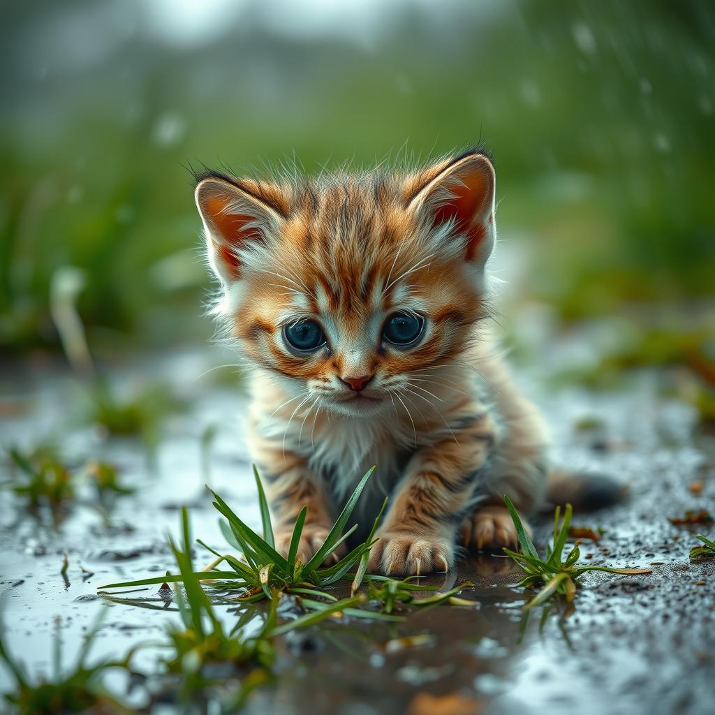 A small, wet and dirty sad baby kitten sitting outside in a rain-soaked environment