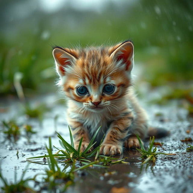 A small, wet and dirty sad baby kitten sitting outside in a rain-soaked environment