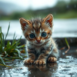 A small, wet and dirty sad baby kitten sitting outside in a rain-soaked environment