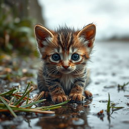 A small, wet and dirty sad baby kitten sitting outside in a rain-soaked environment