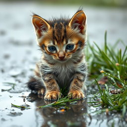 A small, wet and dirty sad baby kitten sitting outside in a rain-soaked environment