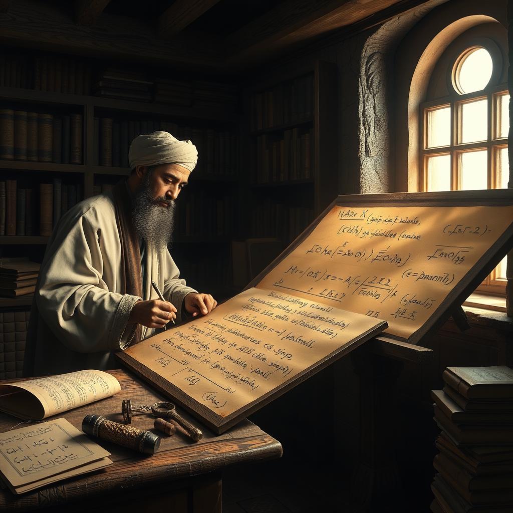 A historical scene depicting the mathematician Al-Khwarizmi writing large equations and algebraic formulas on a wooden board