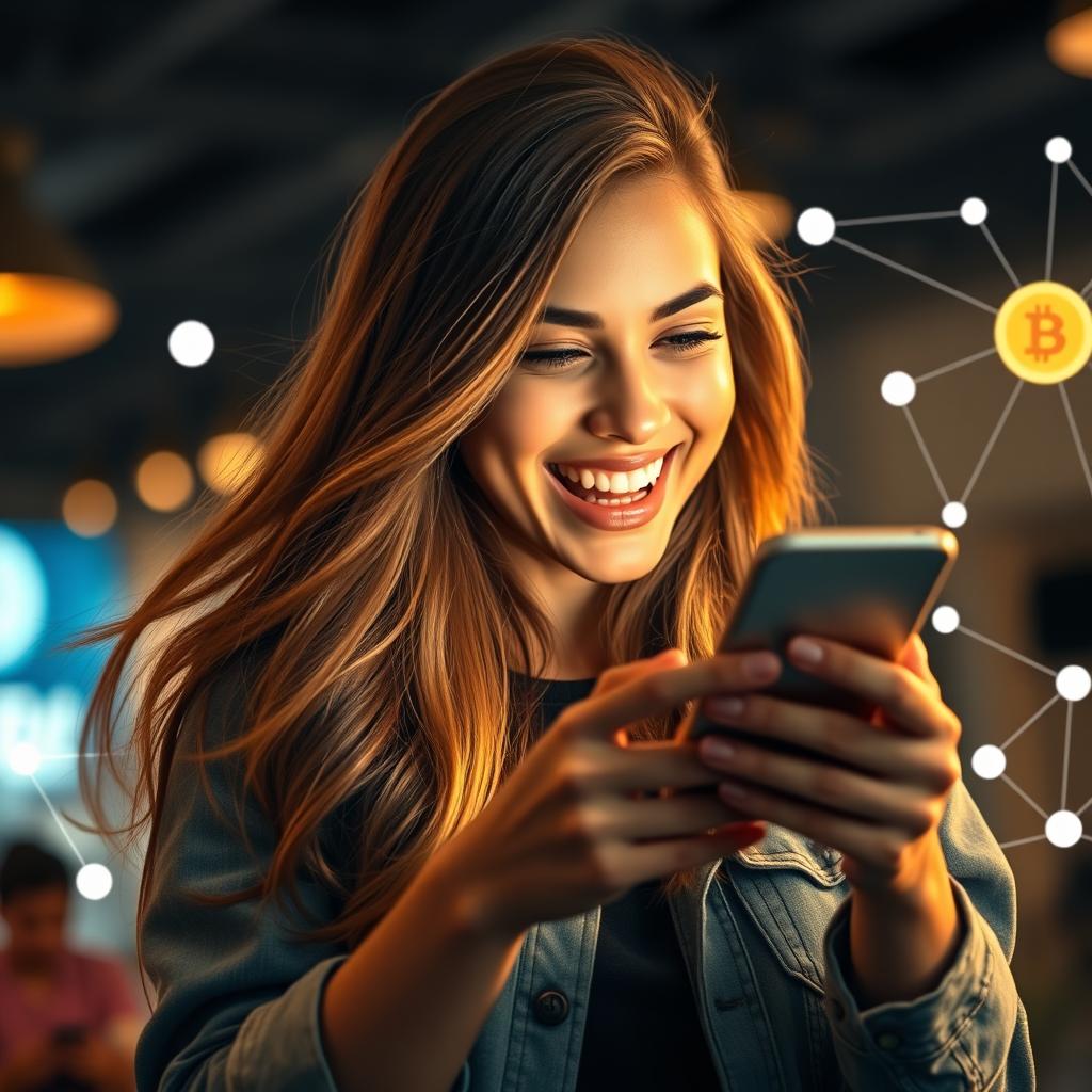 A young woman enthusiastically engaged in using the Pi Network app on her smartphone, surrounded by a lively atmosphere that includes elements representing cryptocurrency and technology