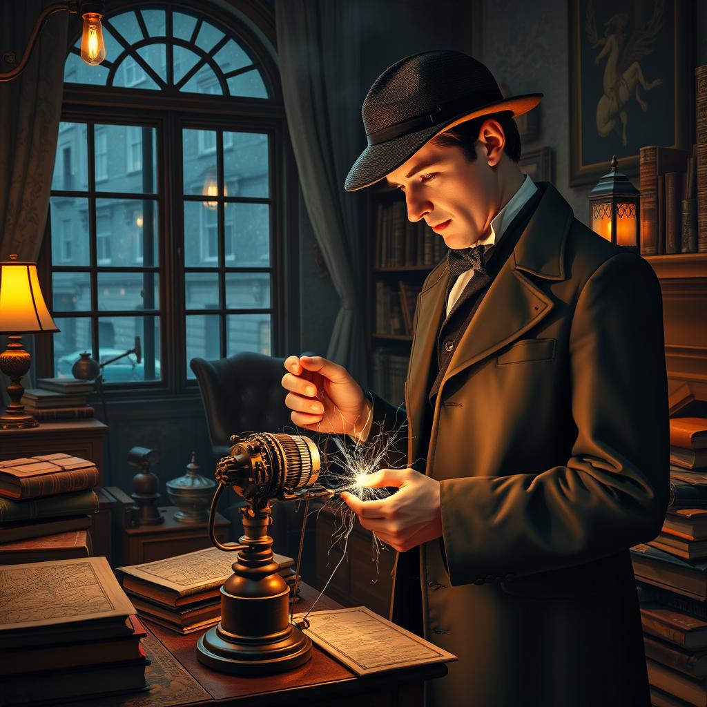 A Victorian-era setting featuring Sherlock Holmes, dressed in a classic three-piece suit with a deerstalker hat, examining an intricate electrical apparatus in his cluttered study