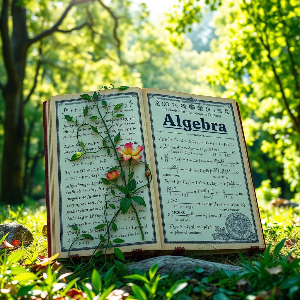A large book on algebra and equations, prominently featuring intricate formulas and mathematical symbols
