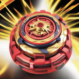 Ryuga's unique Beyblade, L-Drago, spinning fiercely. The intricately-designed top glows with vibrant shades of red and gold, suggesting an intense magical power. The background is an energetic, action-packed Beyblade stadium.