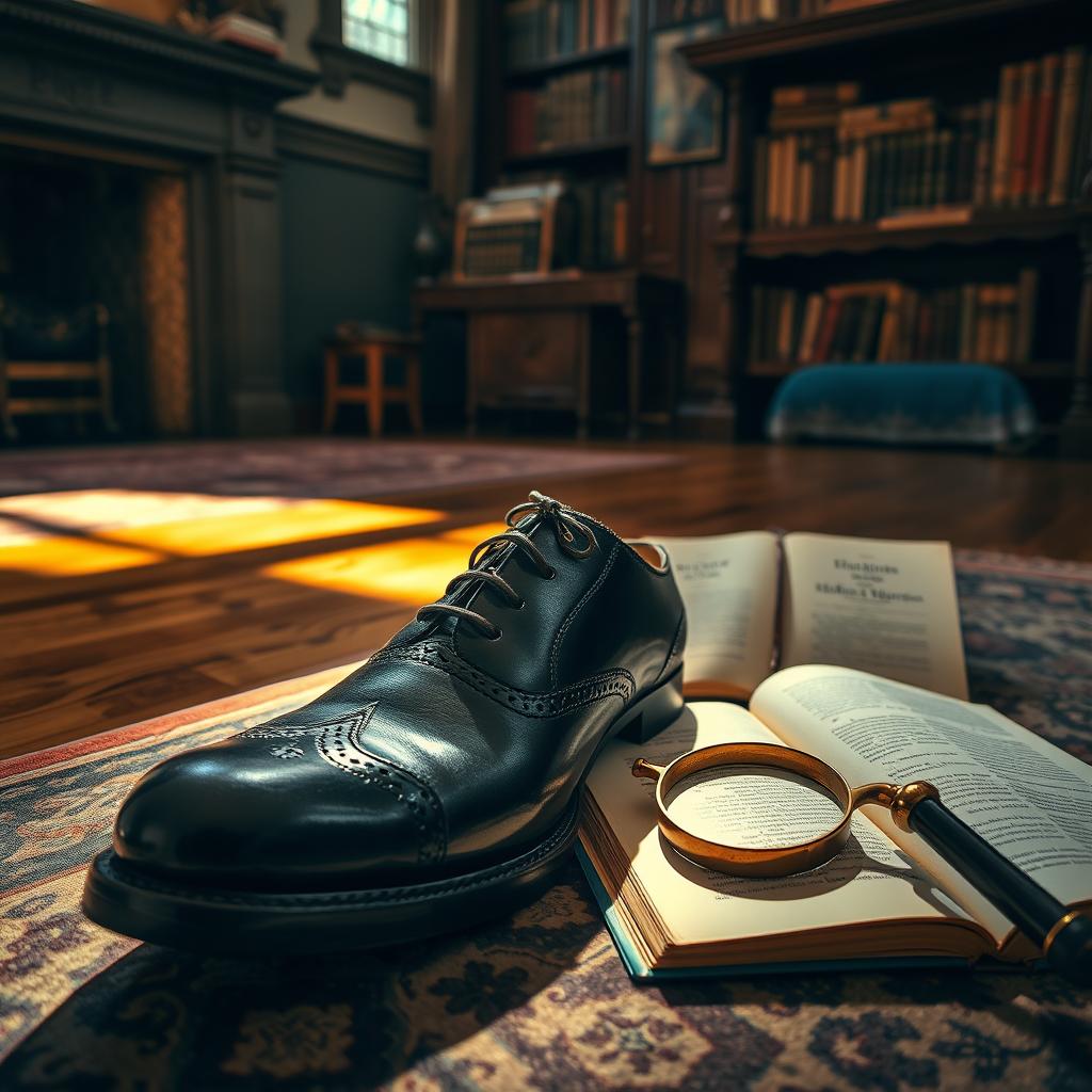 A close-up of Sherlock Holmes' classic Victorian-style shoes, made of polished black leather with intricate detailing