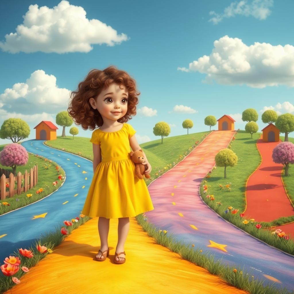 A whimsical scene featuring a young girl exploring several colorful roads that diverge in different directions
