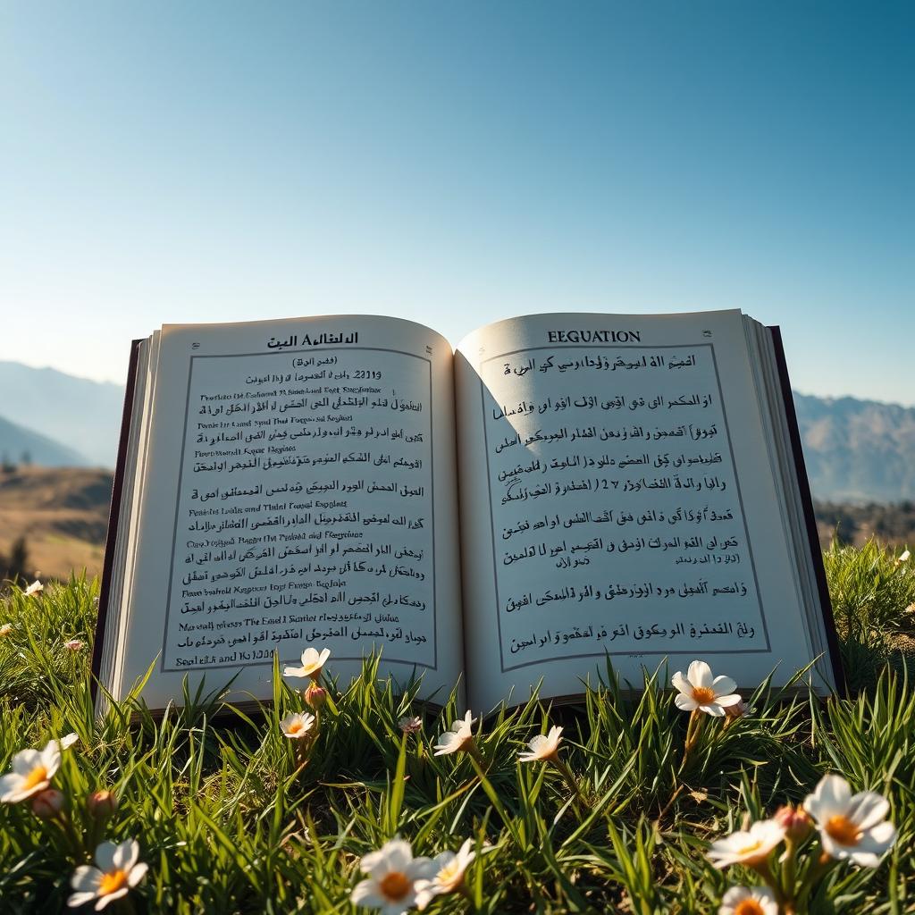 A large open book titled 'Algebra and Equations' written in Persian, displaying beautifully written equations and algebraic expressions on the pages
