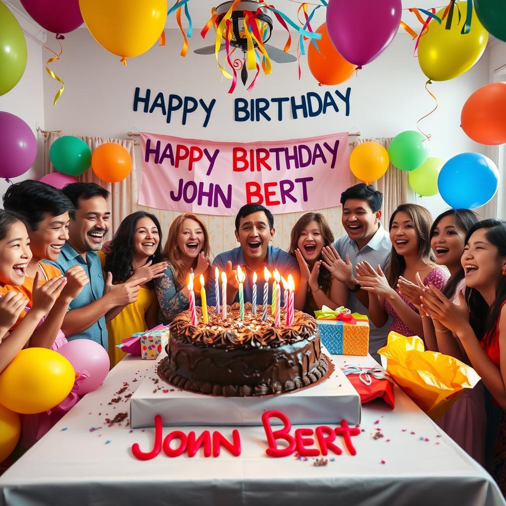 A festive birthday celebration scene featuring a table decorated with colorful balloons, a large chocolate cake with lit candles, and a cheerful group of friends singing 'Happy Birthday' to 'John Bert'