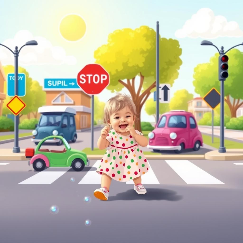 A young child playing on cute four-way street with vibrant colors, surrounded by playful traffic signs and colorful cars in a whimsical, cartoonish style