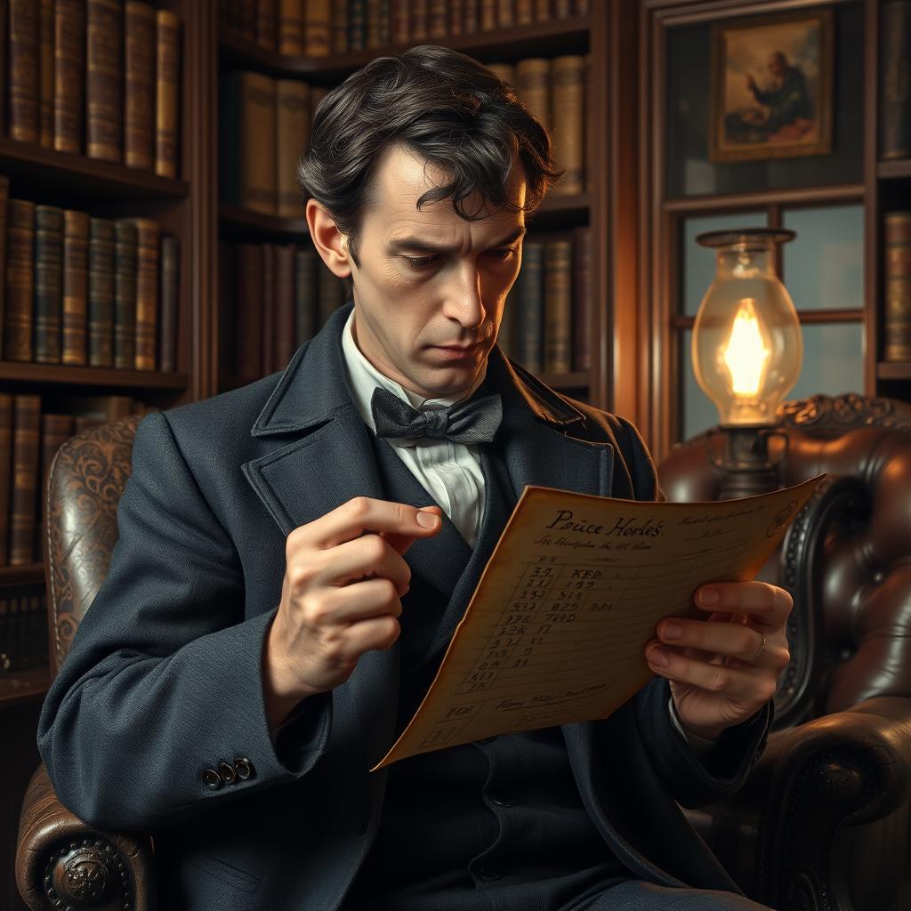 An artistic representation of Sherlock Holmes examining a vintage price tag or a ledger in his iconic Victorian study