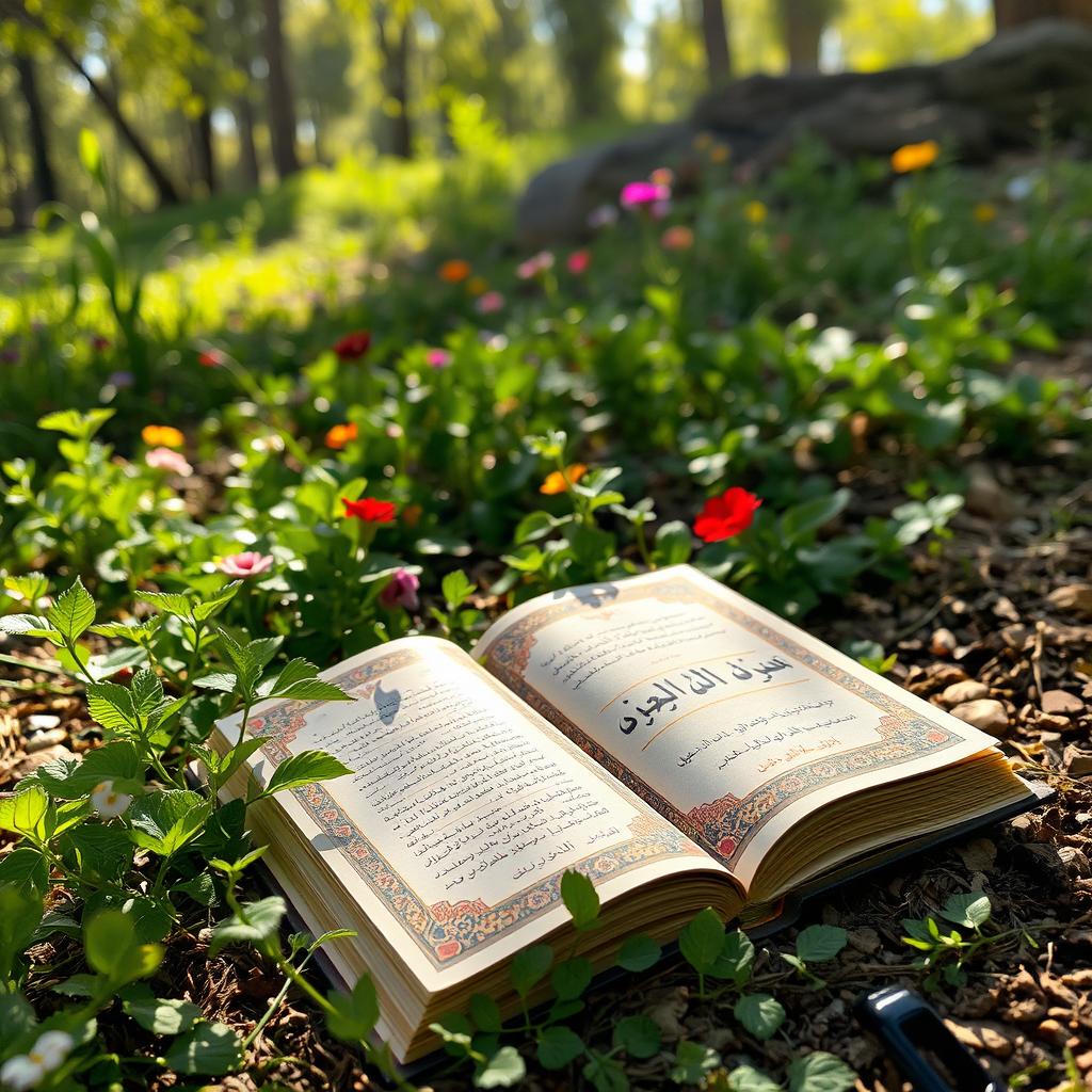 A book titled 'الجبر و معادله' in Persian, lying open on the ground in a natural setting