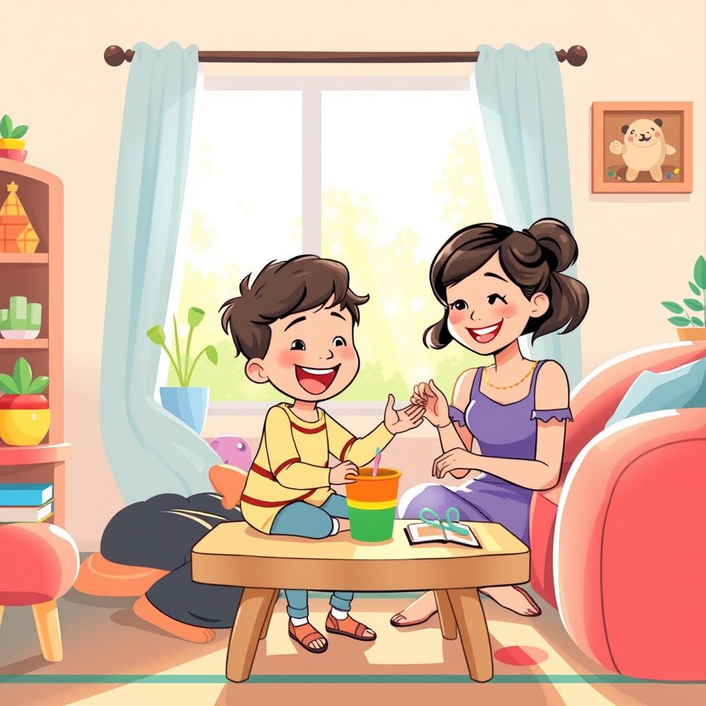 A whimsical illustration of a young child joyfully teaching her parents a fun activity, set in a colorful living room filled with playful decor