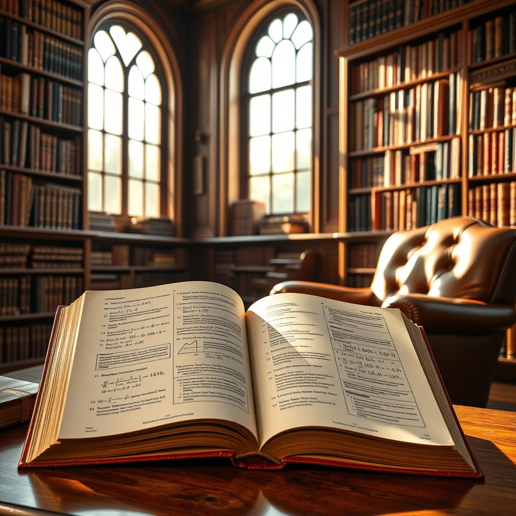 A beautifully arranged, classic library scene featuring an open algebra book with visible mathematical equations and diagrams on the pages
