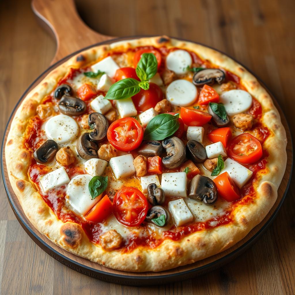 A delicious vegetarian pizza topped with juicy tomatoes, tender mushrooms, and cubed paneer, alongside vibrant capsicum, all generously layered with melted mozzarella cheese for a creamy and inviting texture