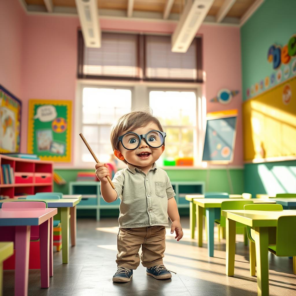A whimsical scene of a little child, around 6 years old, standing confidently at the front of a colorful classroom