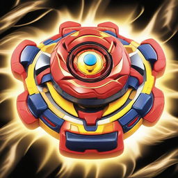 Ryuga's unique Beyblade, L-Drago, spinning fiercely. The intricately-designed top glows with vibrant shades of red and gold, suggesting an intense magical power. The background is an energetic, action-packed Beyblade stadium.