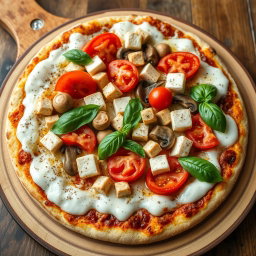 A delicious vegetarian pizza topped with succulent juicy tomatoes, tender mushrooms, cubed paneer, and sliced capsicum, all generously covered with a rich layer of melted mozzarella cheese for an irresistibly creamy texture