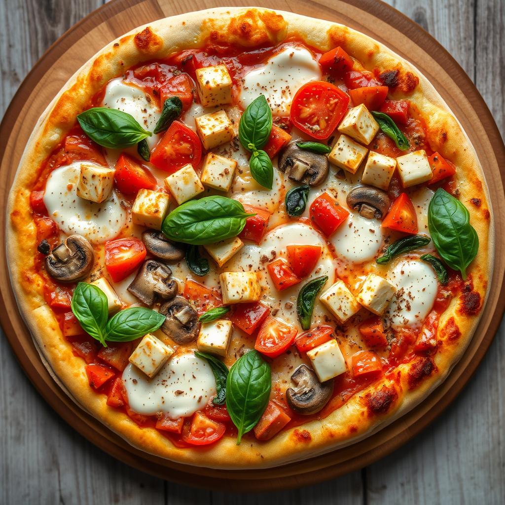 A delicious vegetarian pizza topped with succulent juicy tomatoes, tender mushrooms, cubed paneer, and sliced capsicum, all generously covered with a rich layer of melted mozzarella cheese for an irresistibly creamy texture