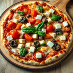 A delicious vegetarian pizza topped with succulent juicy tomatoes, tender mushrooms, cubed paneer, and sliced capsicum, all generously covered with a rich layer of melted mozzarella cheese for an irresistibly creamy texture