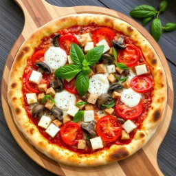 A delicious vegetarian pizza topped with succulent juicy tomatoes, tender mushrooms, cubed paneer, and sliced capsicum, all generously covered with a rich layer of melted mozzarella cheese for an irresistibly creamy texture