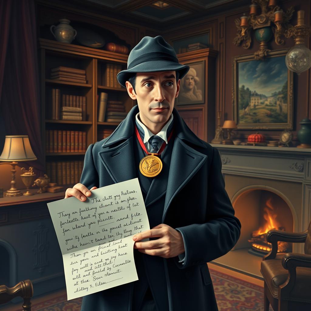 An artistic depiction of Sherlock Holmes receiving a reward for solving a mysterious case