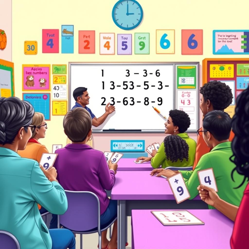 A colorful classroom scene depicting diverse adults eagerly learning to recognize and write numbers from 0 to 9