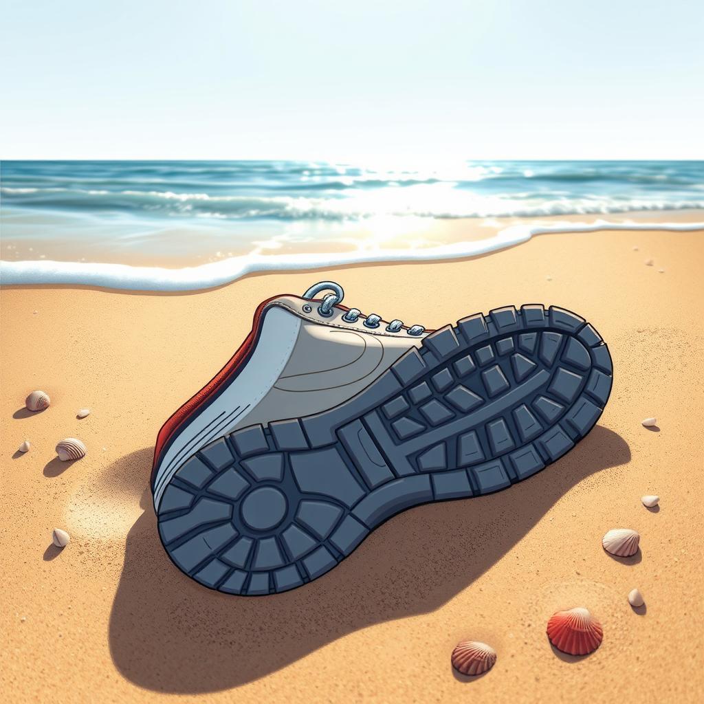 A close-up illustration of a sneaker footprint embedded in a sandy beach, capturing the intricate details of the shoe's sole pattern