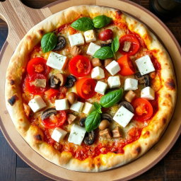 A delightful vegetarian pizza featuring juicy tomatoes, tender mushrooms, and cubed paneer, complemented by a blend of capsicum and mozzarella cheese, creating a rich and creamy texture