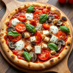 A delightful vegetarian pizza featuring juicy tomatoes, tender mushrooms, and cubed paneer, complemented by a blend of capsicum and mozzarella cheese, creating a rich and creamy texture