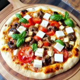 A delightful vegetarian pizza featuring juicy tomatoes, tender mushrooms, and cubed paneer, complemented by a blend of capsicum and mozzarella cheese, creating a rich and creamy texture