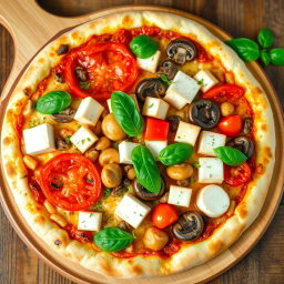 A delightful vegetarian pizza featuring juicy tomatoes, tender mushrooms, and cubed paneer, complemented by a blend of capsicum and mozzarella cheese, creating a rich and creamy texture