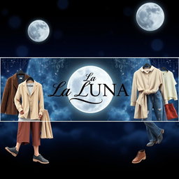 A captivating Facebook cover photo for 'La LUNA', a women's and children's clothing store, featuring a chic and elegant logo prominently displayed