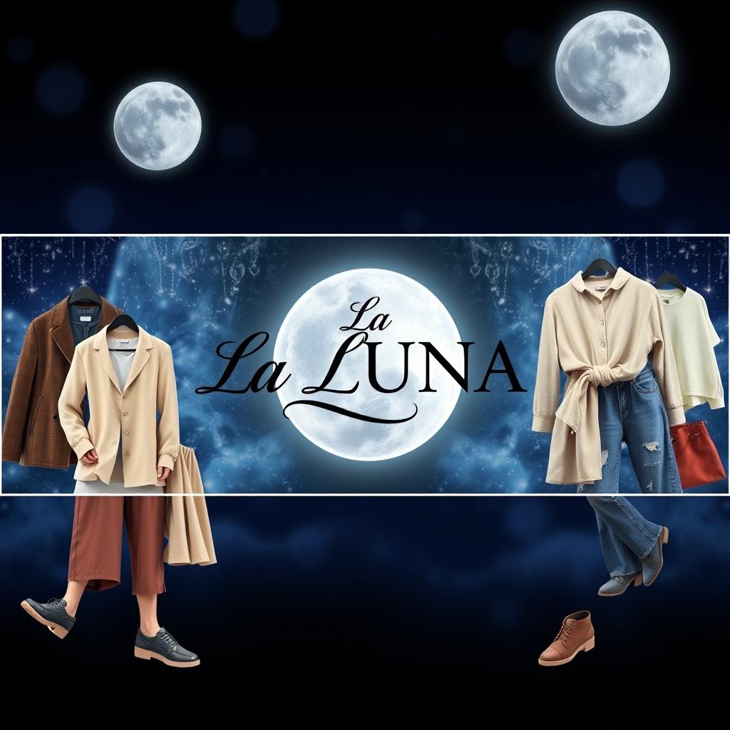 A captivating Facebook cover photo for 'La LUNA', a women's and children's clothing store, featuring a chic and elegant logo prominently displayed