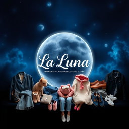 A captivating Facebook cover photo for 'La LUNA', a women's and children's clothing store, featuring a chic and elegant logo prominently displayed