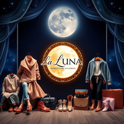 A captivating Facebook cover photo for 'La LUNA', a women's and children's clothing store, featuring a chic and elegant logo prominently displayed