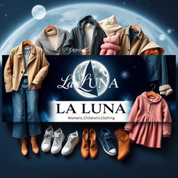 A captivating Facebook cover photo for 'La LUNA', a women's and children's clothing store, featuring a chic and elegant logo prominently displayed