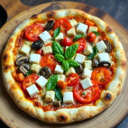 A tempting vegetarian pizza featuring juicy tomatoes, tender mushrooms, and paneer cubes, with a special twist of capsicum blended into creamy mozzarella cheese for a deliciously rich topping