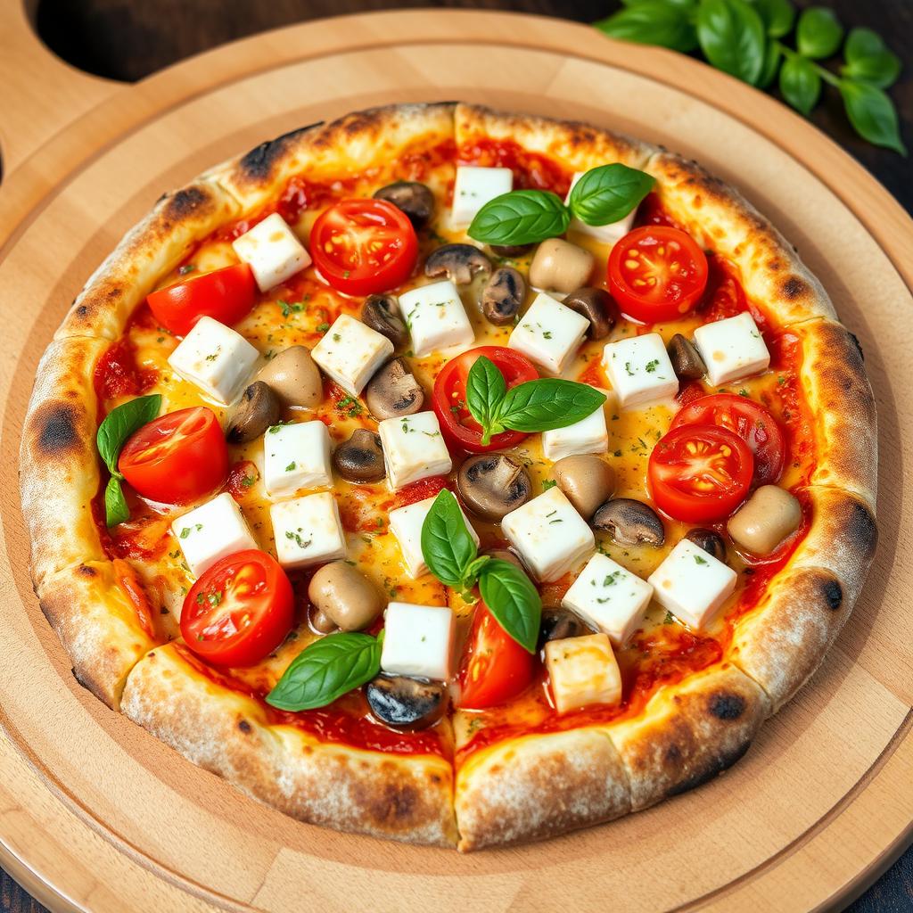 A tempting vegetarian pizza featuring juicy tomatoes, tender mushrooms, and paneer cubes, with a special twist of capsicum blended into creamy mozzarella cheese for a deliciously rich topping