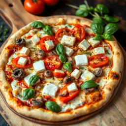 A tempting vegetarian pizza featuring juicy tomatoes, tender mushrooms, and paneer cubes, with a special twist of capsicum blended into creamy mozzarella cheese for a deliciously rich topping