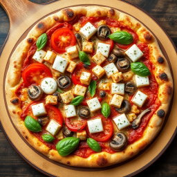 A tempting vegetarian pizza featuring juicy tomatoes, tender mushrooms, and paneer cubes, with a special twist of capsicum blended into creamy mozzarella cheese for a deliciously rich topping