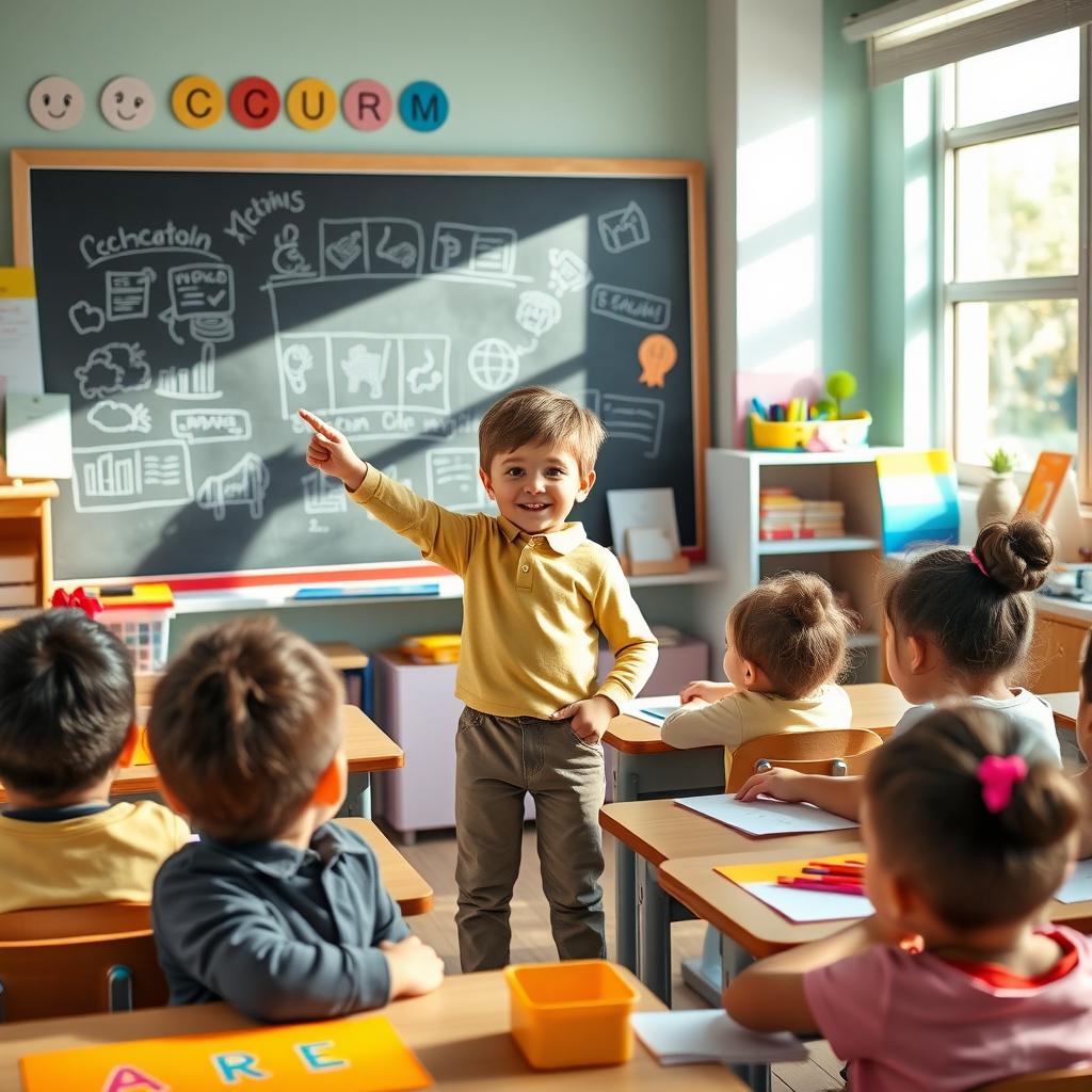 A cheerful young child confidently teaching a group of attentive classmates in a colorful classroom setting
