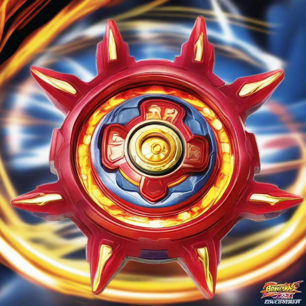 Ryuga's unique Beyblade, L-Drago, spinning fiercely. The intricately-designed top glows with vibrant shades of red and gold, suggesting an intense magical power. The background is an energetic, action-packed Beyblade stadium.