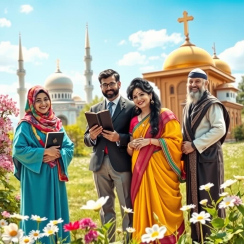 A vibrant and inspiring scene depicting religious tolerance and harmony, featuring a diverse group of people from different faiths including a Muslim woman in a colorful hijab, a Christian man in a suit holding a Bible, a Hindu woman in a traditional sari, and a Jewish man wearing a kippah, all standing together with smiles on their faces in a peaceful outdoor setting