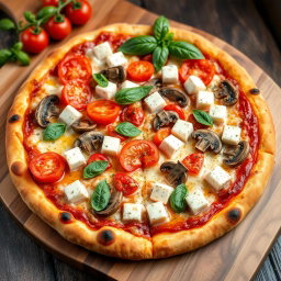 A vibrant vegetarian pizza adorned with juicy tomatoes, tender mushrooms, and generous cubes of soft paneer, complemented by capsicum blended into gooey mozzarella cheese, creating a luscious creamy topping