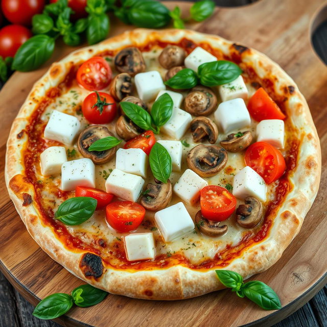 A vibrant vegetarian pizza adorned with juicy tomatoes, tender mushrooms, and generous cubes of soft paneer, complemented by capsicum blended into gooey mozzarella cheese, creating a luscious creamy topping